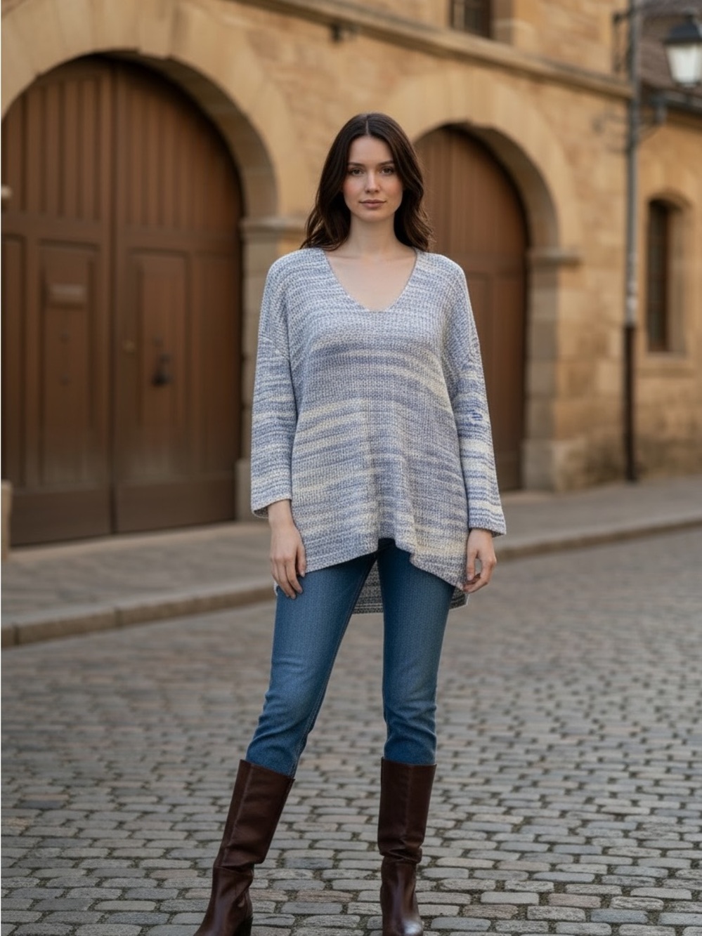 Express Light Blue & Cream Striped V-Neck Knit Sweater